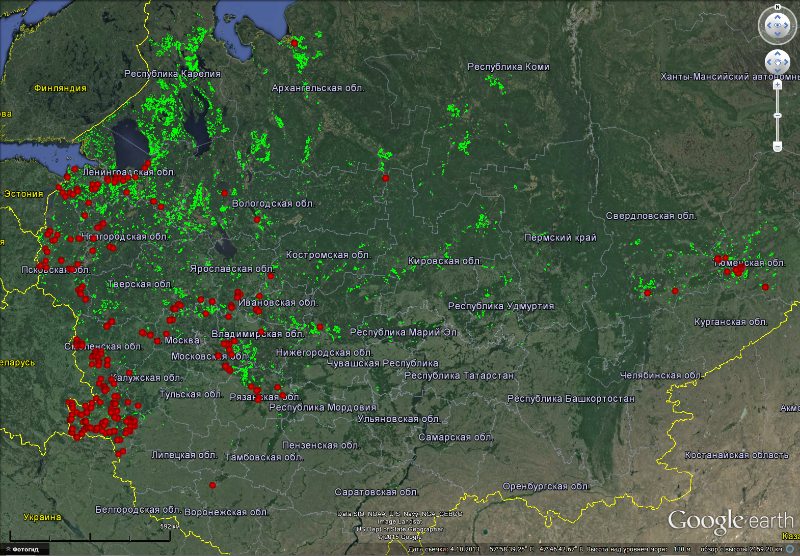 Термоточки со спутника в реальном времени. Термоточки МЧС. Карта горения торфяников в 2010 году.